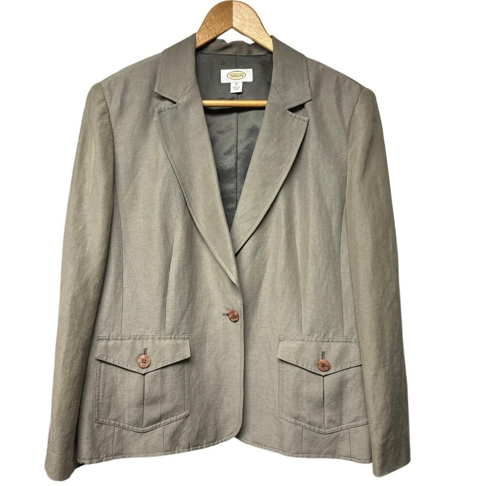 Vintage Y2K Talbots Size 12 Linen Silk Blazer Olive Green 1 Button Pockets Work